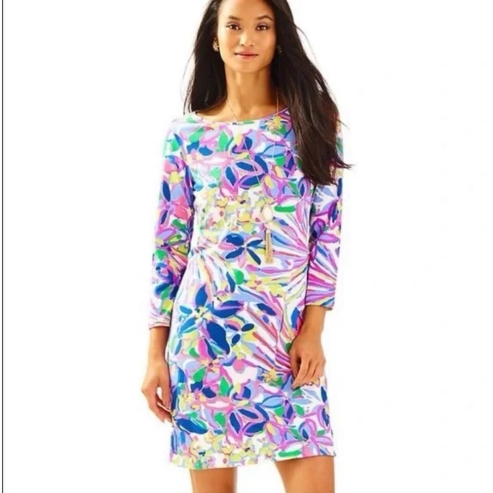Lilly Pulitzer Marlowe Dress Havin A Blast 3/4 Sleeve Blue Pink Tropical Size M